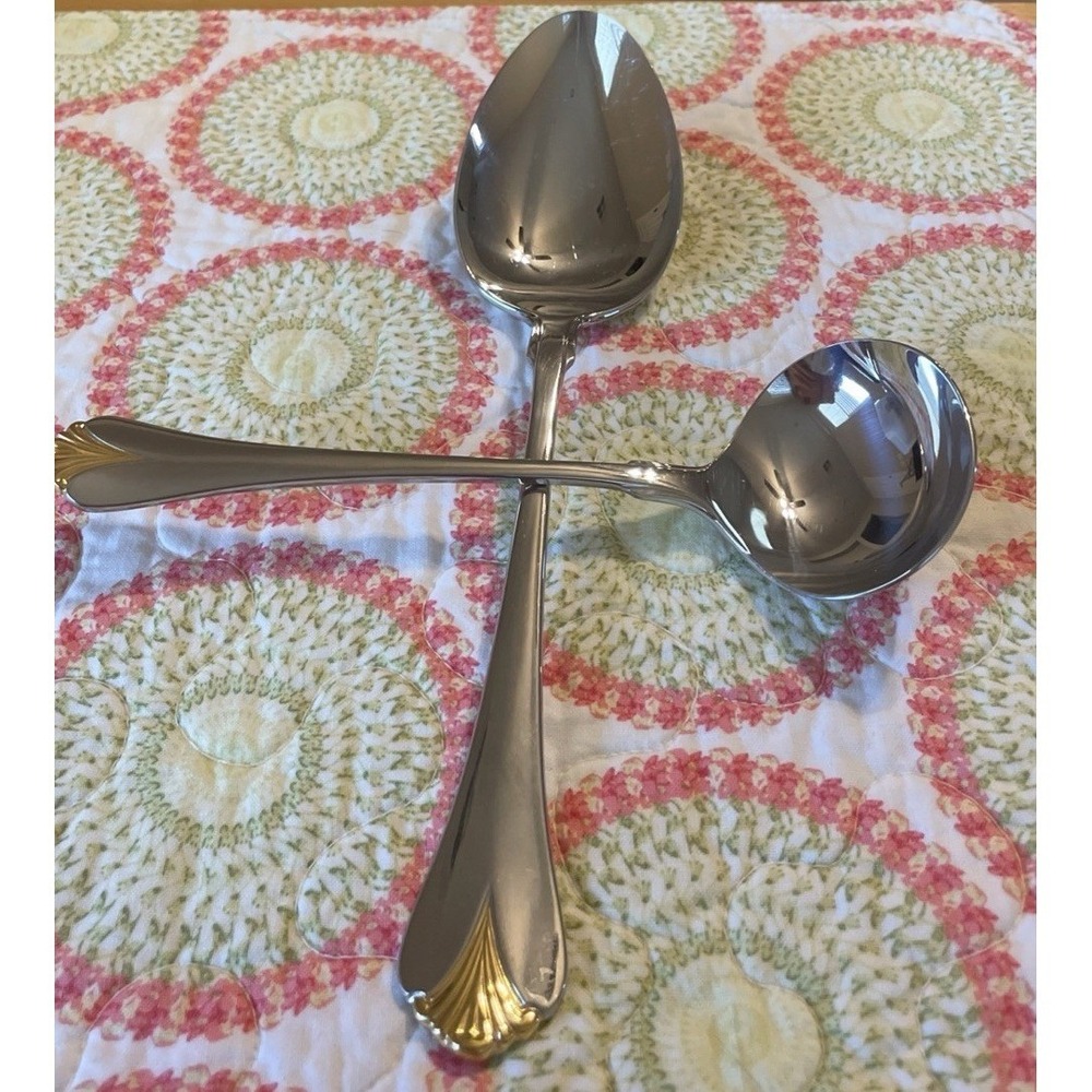Yamazaki Cara Serving Spoon‎ Ladle Gold Accent Stainless Japan Flatware 2 Piece